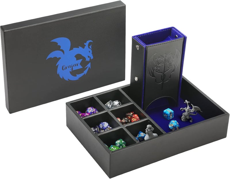 Grajar 3 in 1 Dice Tray with Lid, Portable Dice Box Storage for DND, Dungeons and Dragons, D&D, MTG & RPG Games - Blue - Image 1